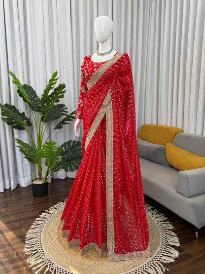 Festive Wear Red Color Georgette Sequence Designer Saree