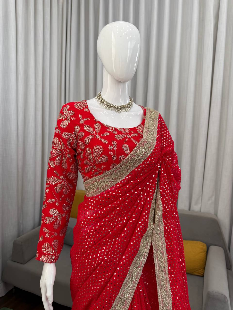 Festive Wear Red Color Georgette Sequence Designer Saree