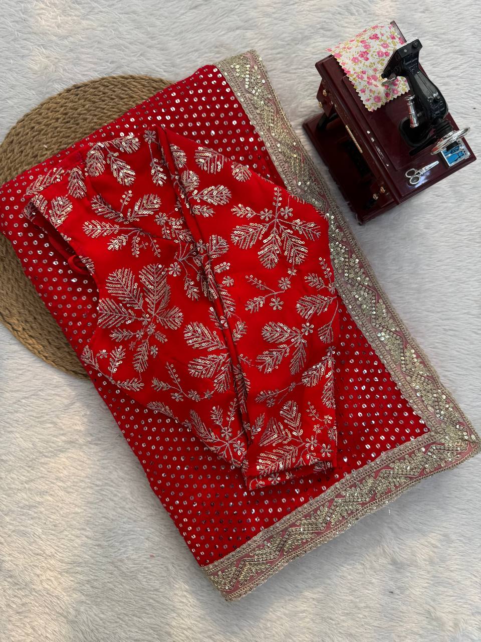 Festive Wear Red Color Georgette Sequence Designer Saree