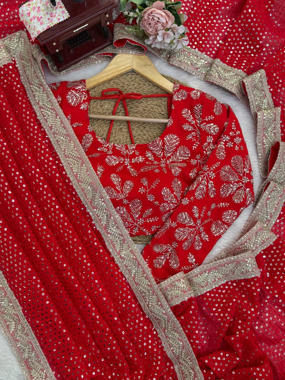 Festive Wear Red Color Georgette Sequence Designer Saree