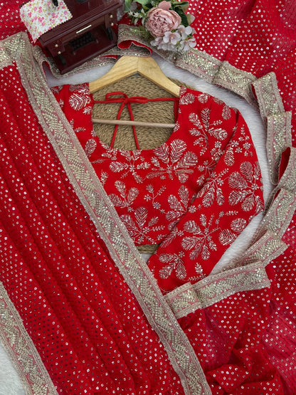 Festive Wear Red Color Georgette Sequence Designer Saree