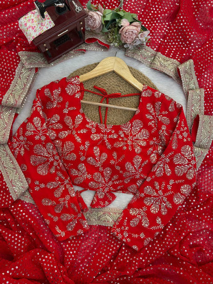 Festive Wear Red Color Georgette Sequence Designer Saree