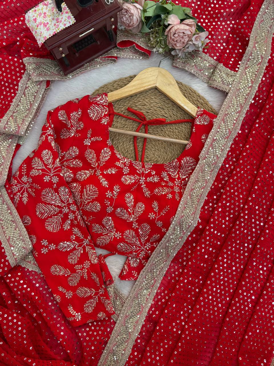 Festive Wear Red Color Georgette Sequence Designer Saree