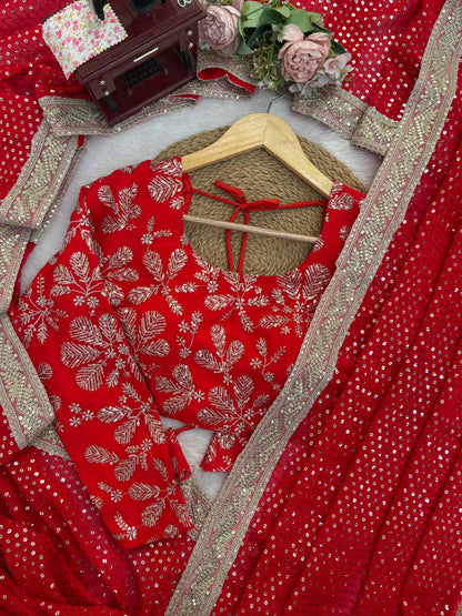 Festive Wear Red Color Georgette Sequence Designer Saree