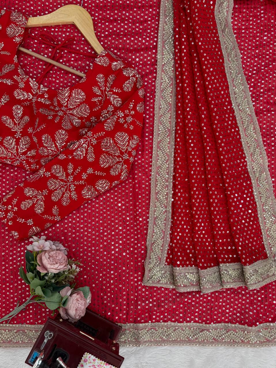 Festive Wear Red Color Georgette Sequence Designer Saree