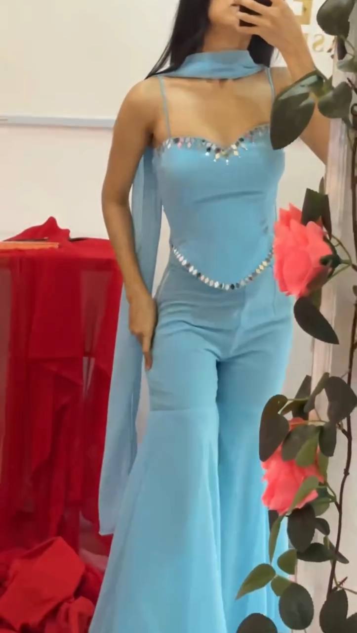 Sky Blue Color Trendy Mirror Work Sharara Set