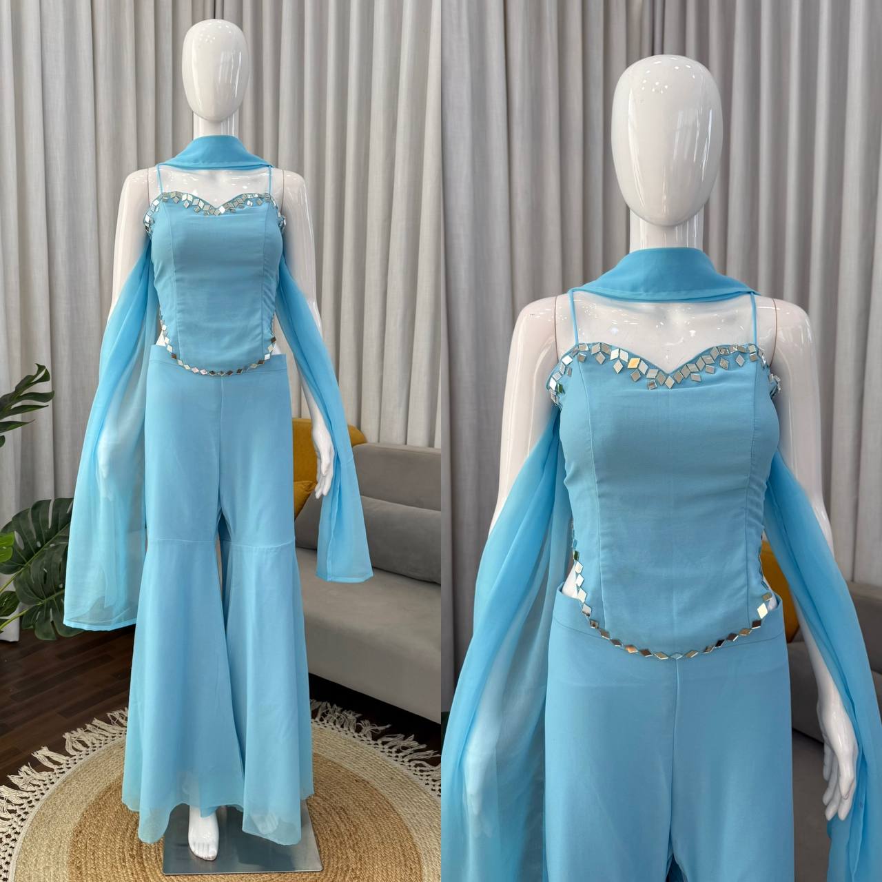 Sky Blue Color Trendy Mirror Work Sharara Set