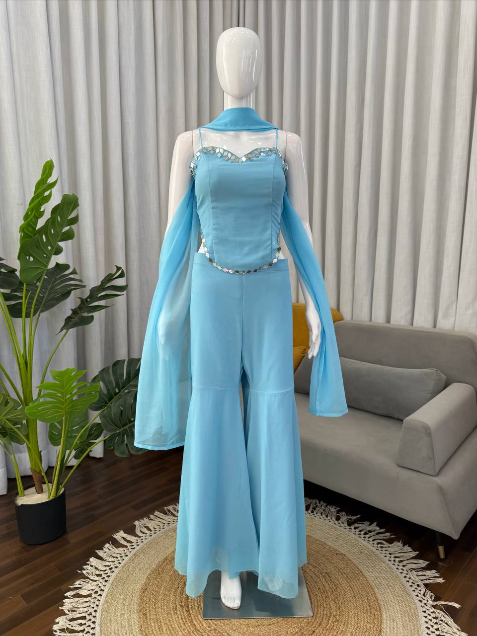 Sky Blue Color Trendy Mirror Work Sharara Set