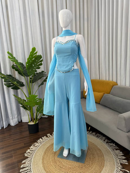 Sky Blue Color Trendy Mirror Work Sharara Set