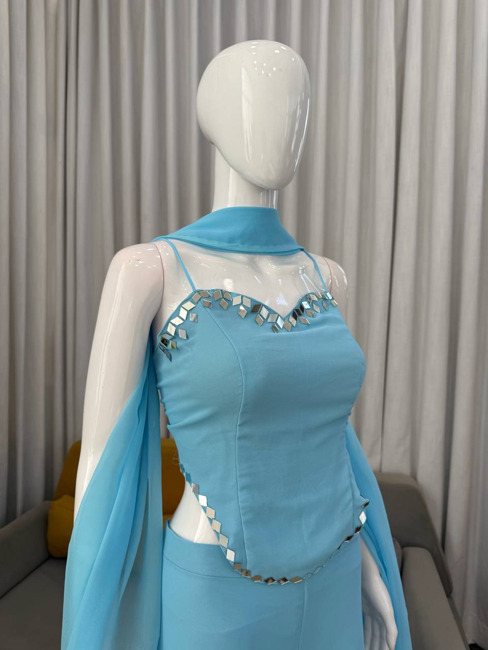 Sky Blue Color Trendy Mirror Work Sharara Set