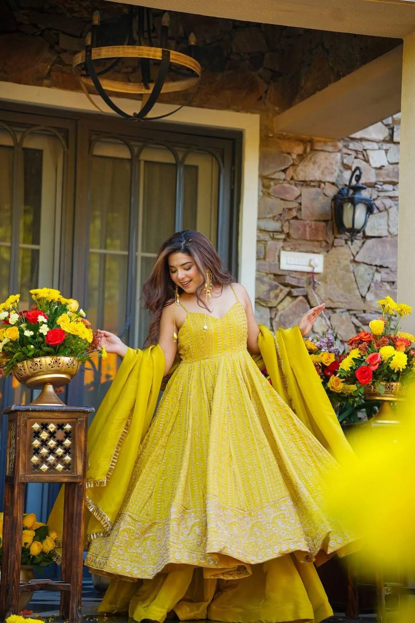 Neha's Yellow Color Designer Embroidered Organza Gown Set