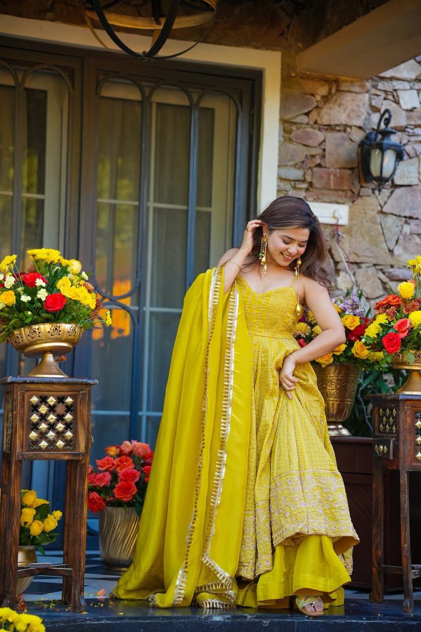 Neha's Yellow Color Designer Embroidered Organza Gown Set