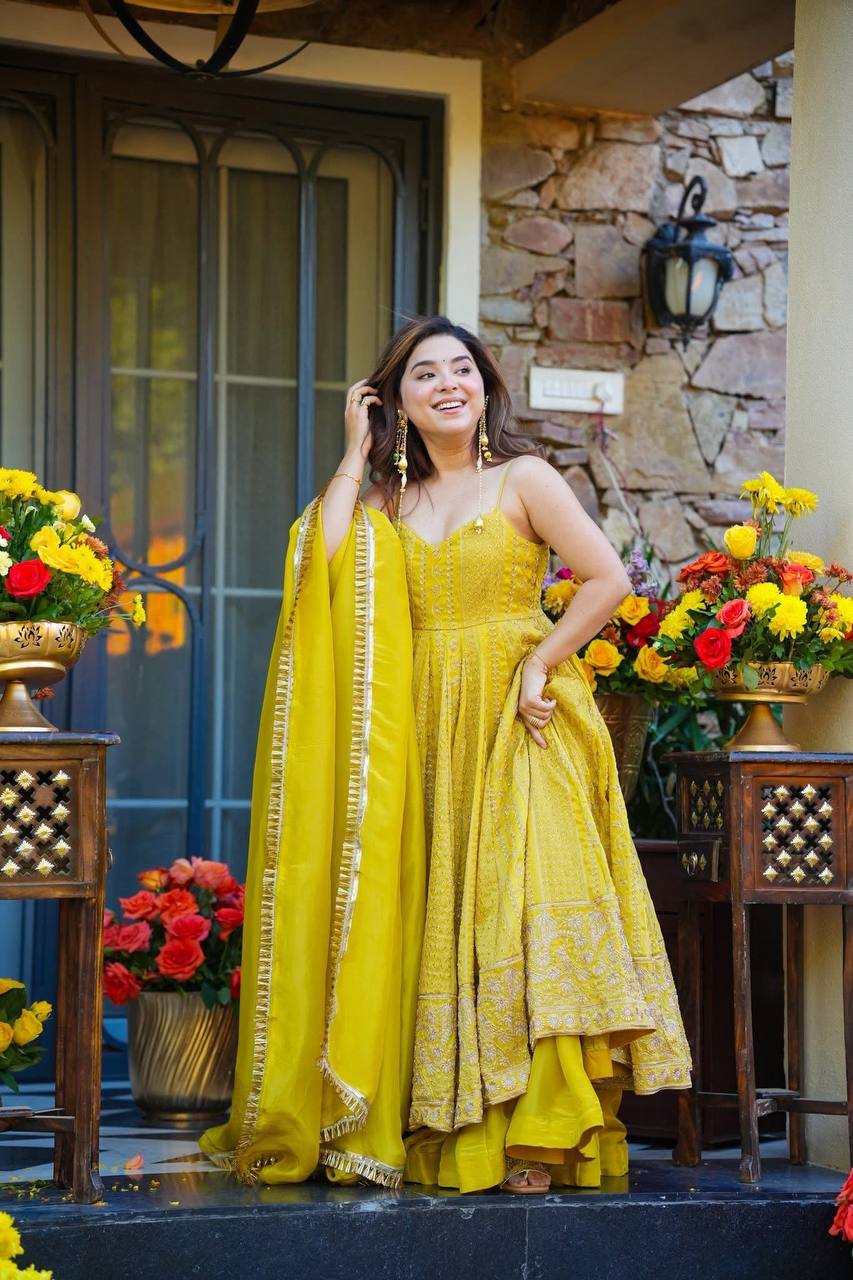 Neha's Yellow Color Designer Embroidered Organza Gown Set