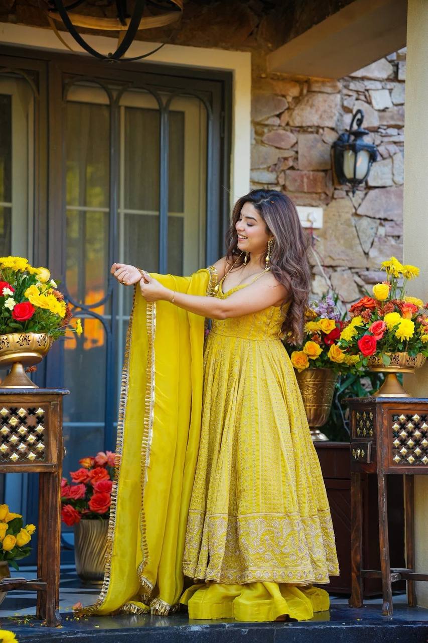 Neha's Yellow Color Designer Embroidered Organza Gown Set