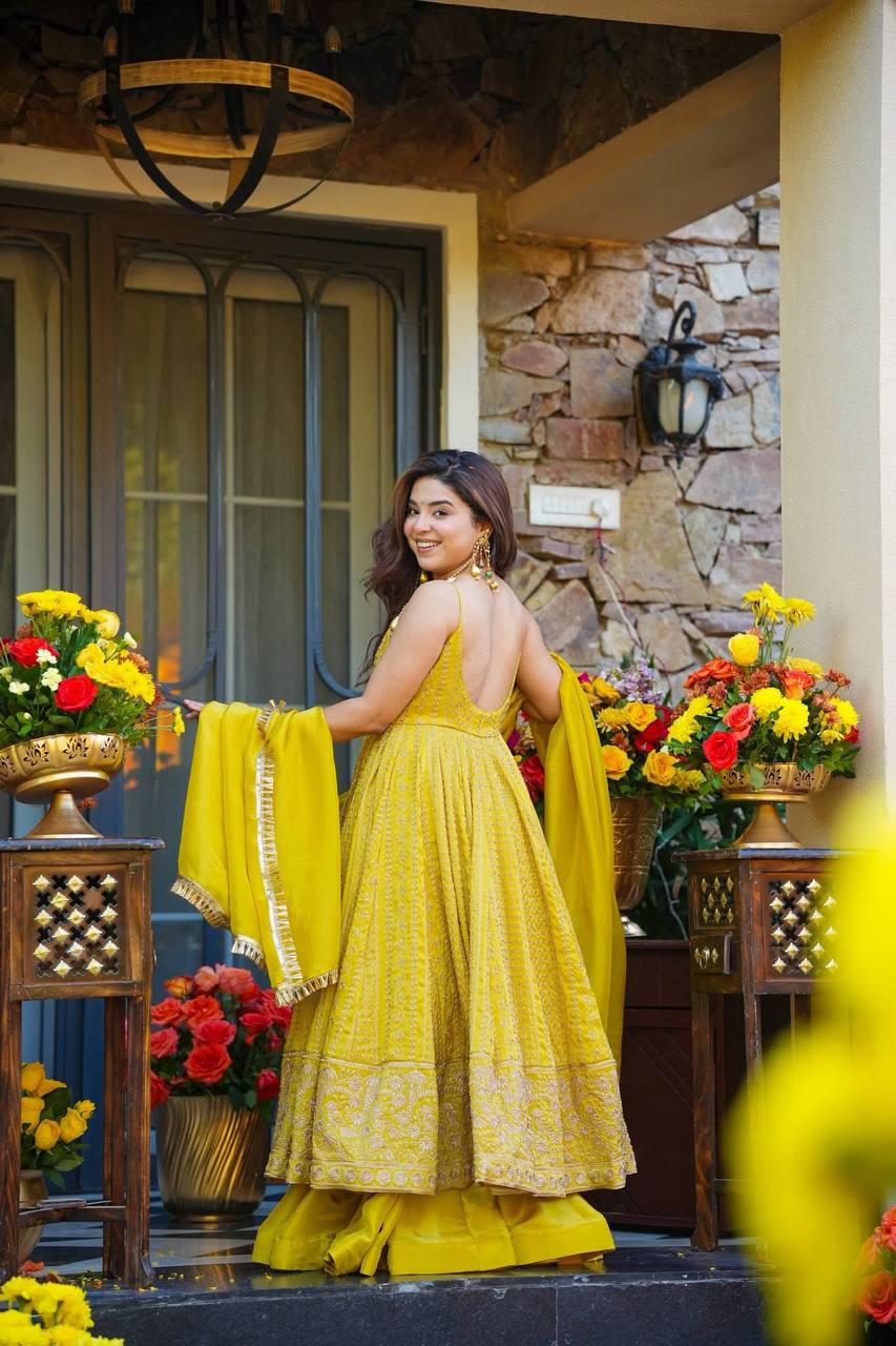 Neha's Yellow Color Designer Embroidered Organza Gown Set