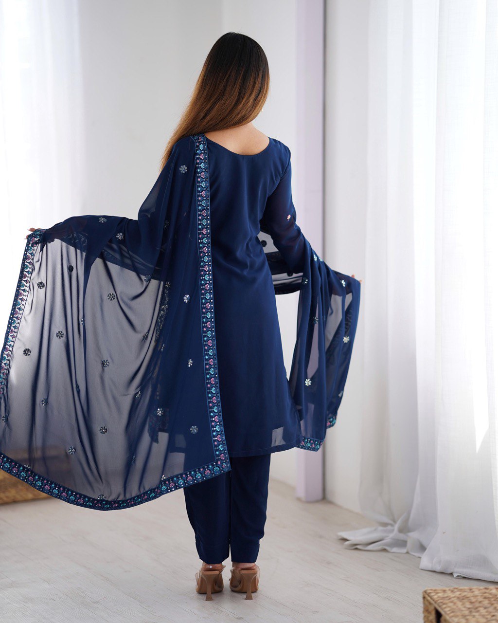 Occasion Wear Navy Color Faux Georgette Thread And Sequence Work Salwar Suit