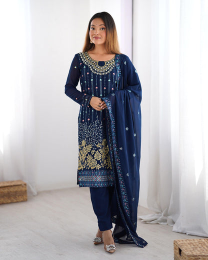 Occasion Wear Navy Color Faux Georgette Thread And Sequence Work Salwar Suit