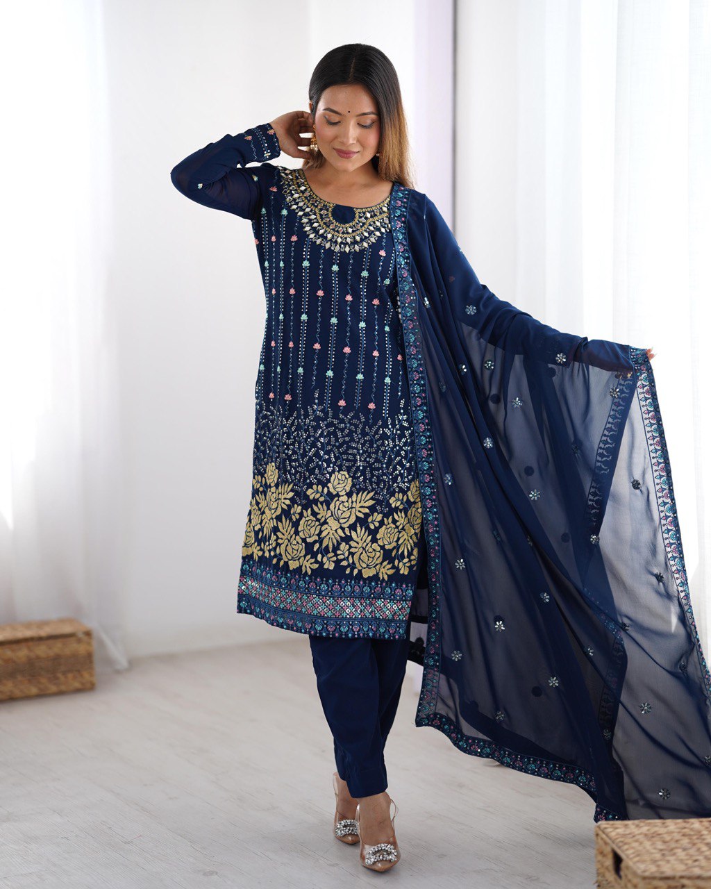 Occasion Wear Navy Color Faux Georgette Thread And Sequence Work Salwar Suit
