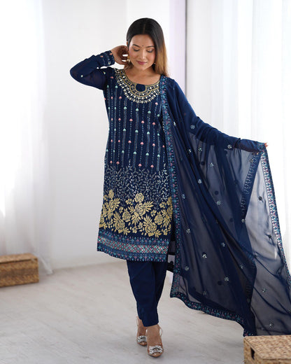 Occasion Wear Navy Color Faux Georgette Thread And Sequence Work Salwar Suit