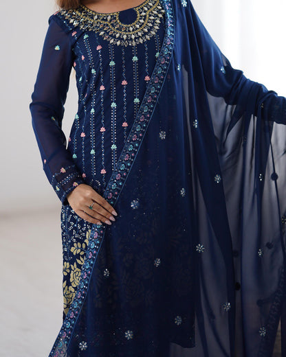 Occasion Wear Navy Color Faux Georgette Thread And Sequence Work Salwar Suit