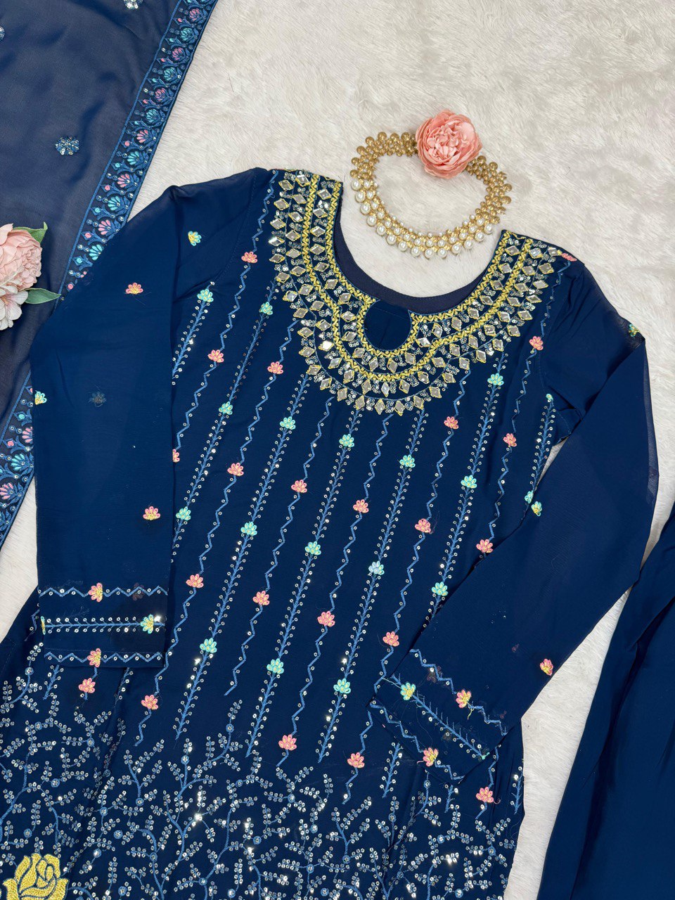 Occasion Wear Navy Color Faux Georgette Thread And Sequence Work Salwar Suit