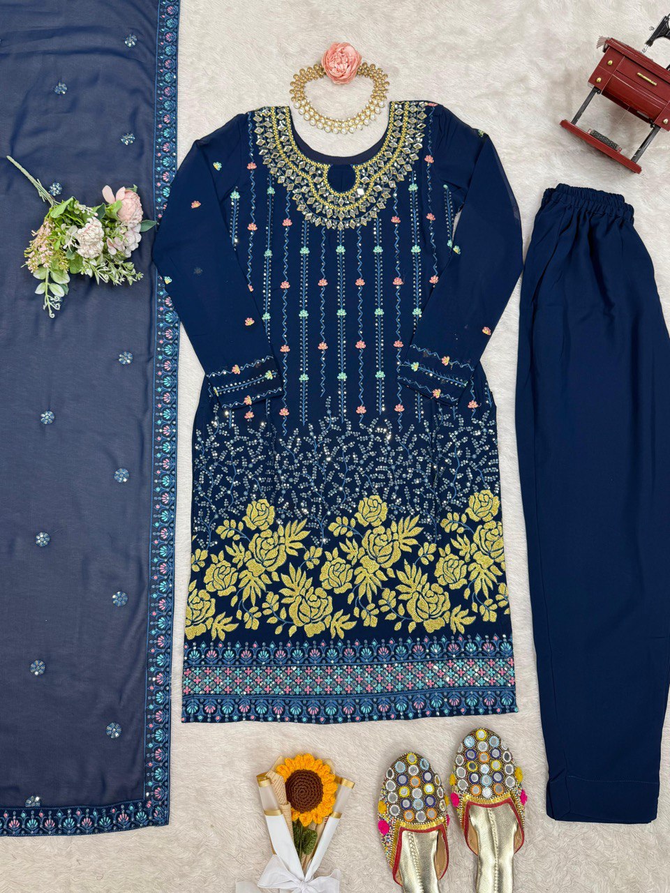 Occasion Wear Navy Color Faux Georgette Thread And Sequence Work Salwar Suit