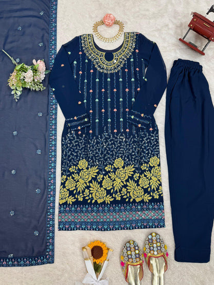 Occasion Wear Navy Color Faux Georgette Thread And Sequence Work Salwar Suit