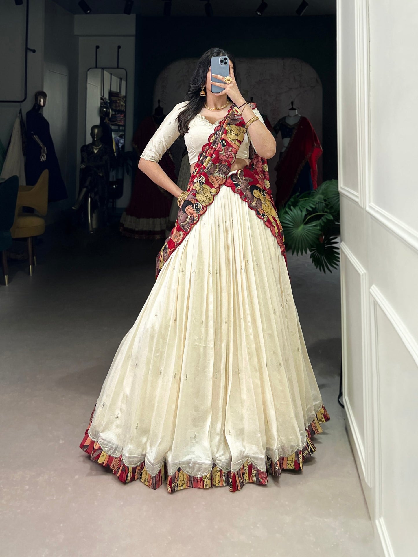 Exclusive Off White Color Vichitra Silk Sequins And Thread Embroidery Work Lehenga Choli
