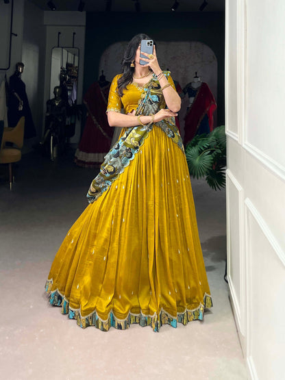 Marvelous Mustard Color Vichitra Silk Sequins And Thread Embroidery Work Lehenga Choli