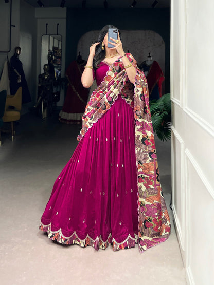 Marvelous Pink Color Vichitra Silk Sequins And Thread Embroidery Work Lehenga Choli