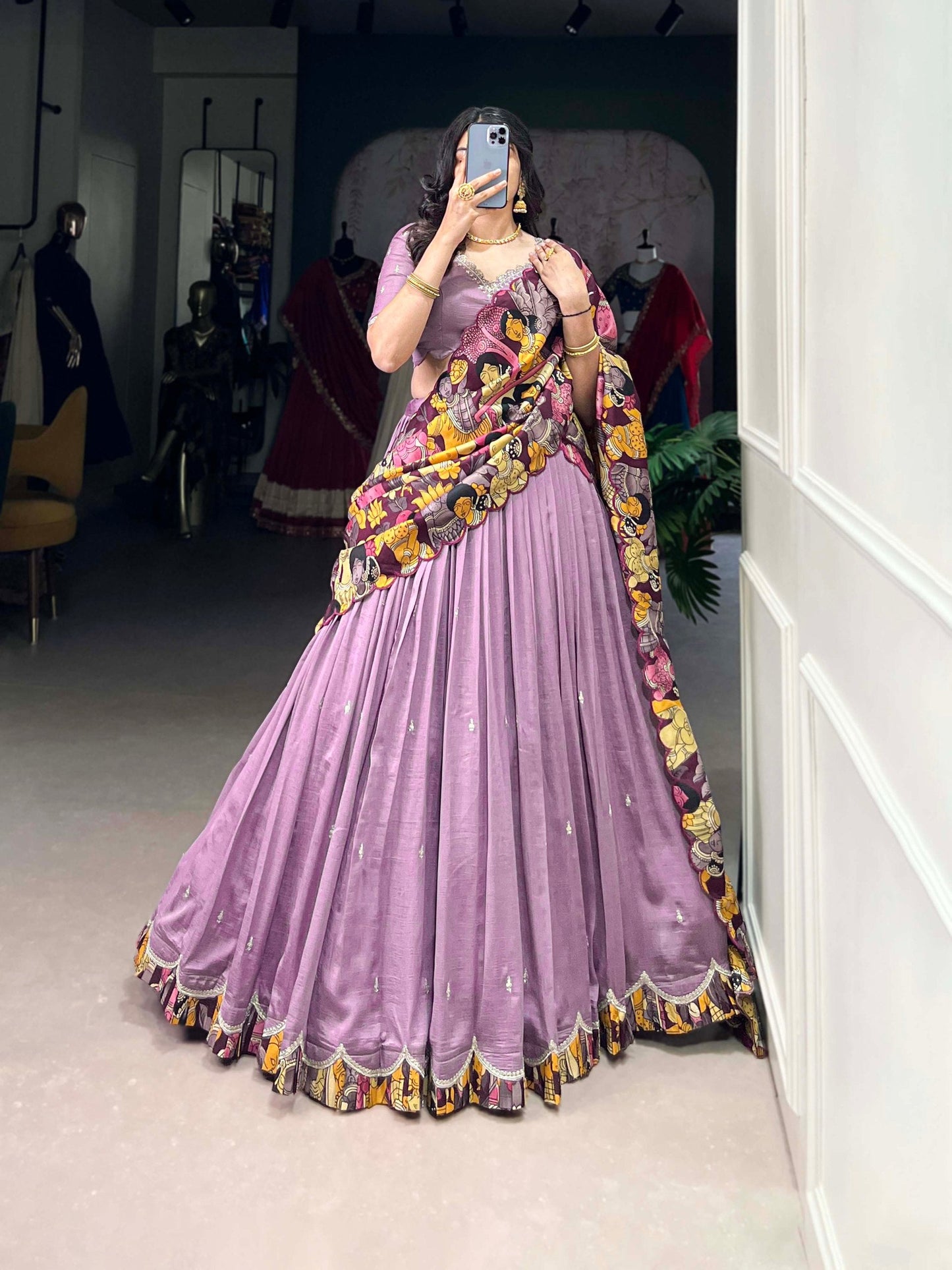 Exclusive Lavender Color Vichitra Silk Sequins And Thread Embroidery Work Lehenga Choli