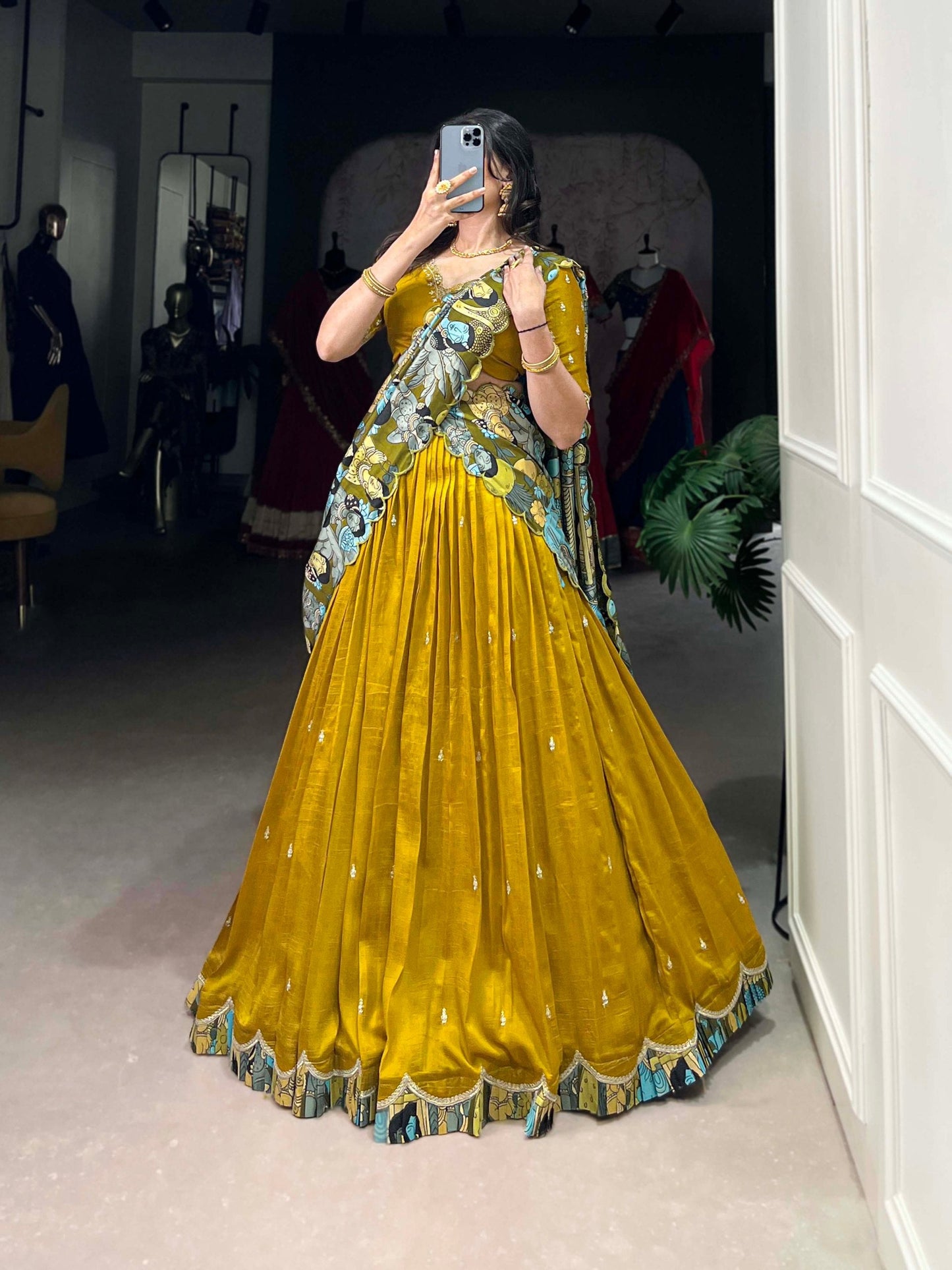 Marvelous Mustard Color Vichitra Silk Sequins And Thread Embroidery Work Lehenga Choli