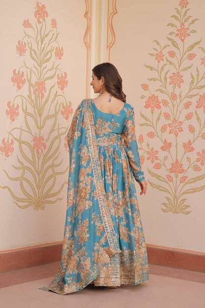 Function Wear Sky Blue Color Rich Digital Print With Embroidered Sequins Work Gown