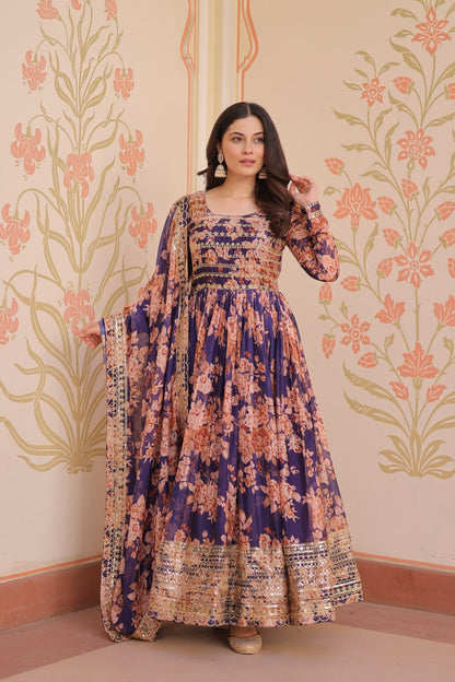 Function Wear Purple Color Rich Digital Print With Embroidered Sequins Work Gown