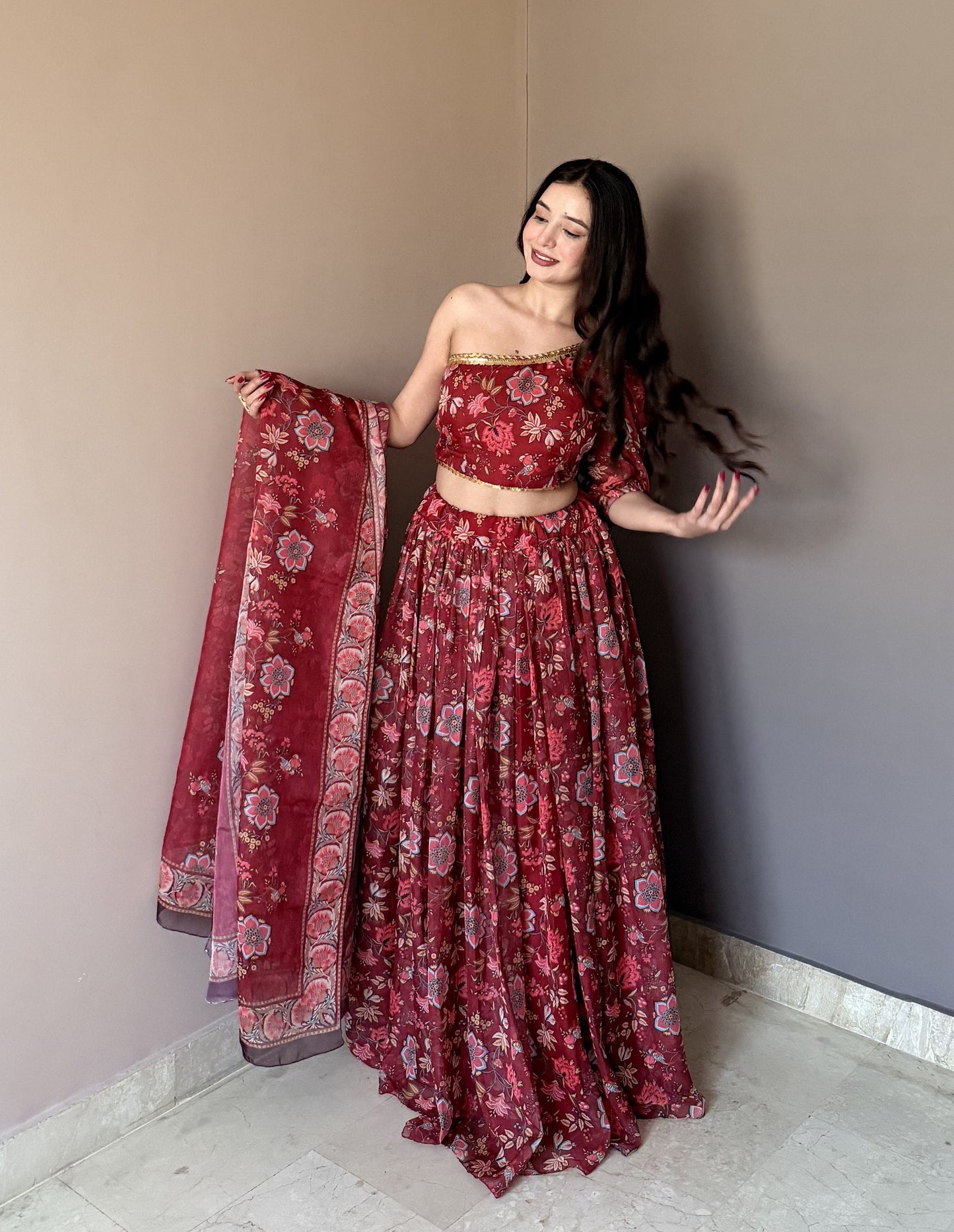 Fancy Maroon Color Stlish Floral Printed Lehenga Choli