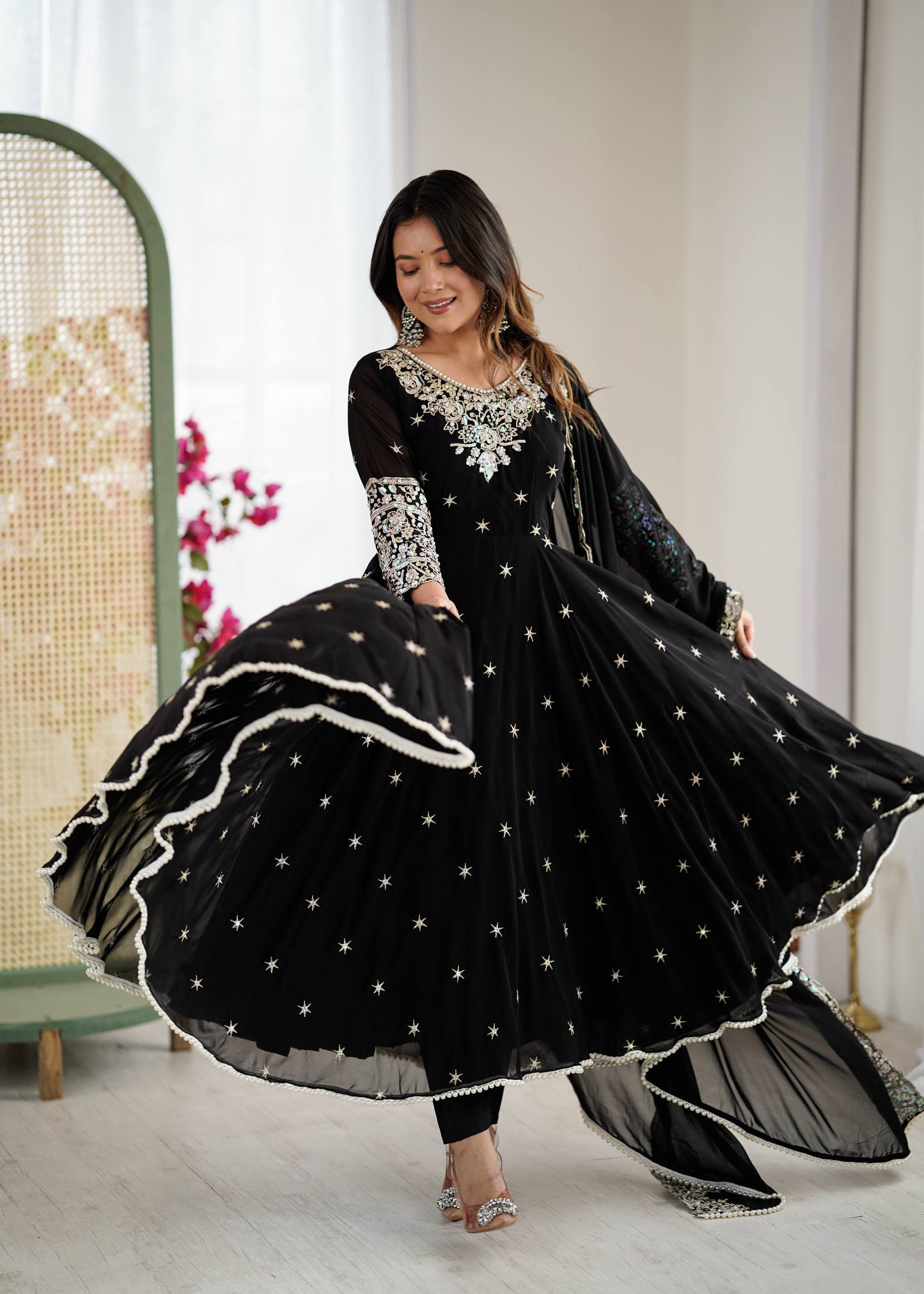 Glimmering Black Color Heavy Blooming Faux Anarkali Gown With Dupatta