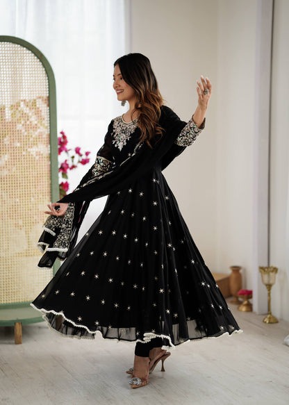 Glimmering Black Color Heavy Blooming Faux Anarkali Gown With Dupatta