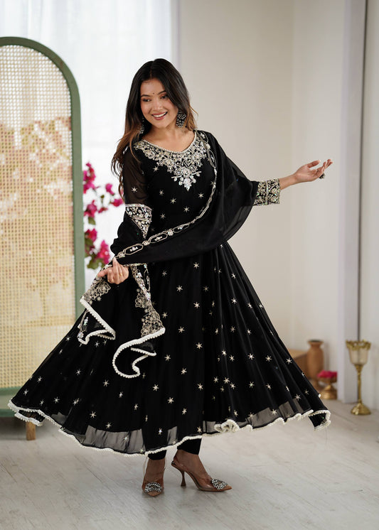 Glimmering Black Color Heavy Blooming Faux Anarkali Gown With Dupatta