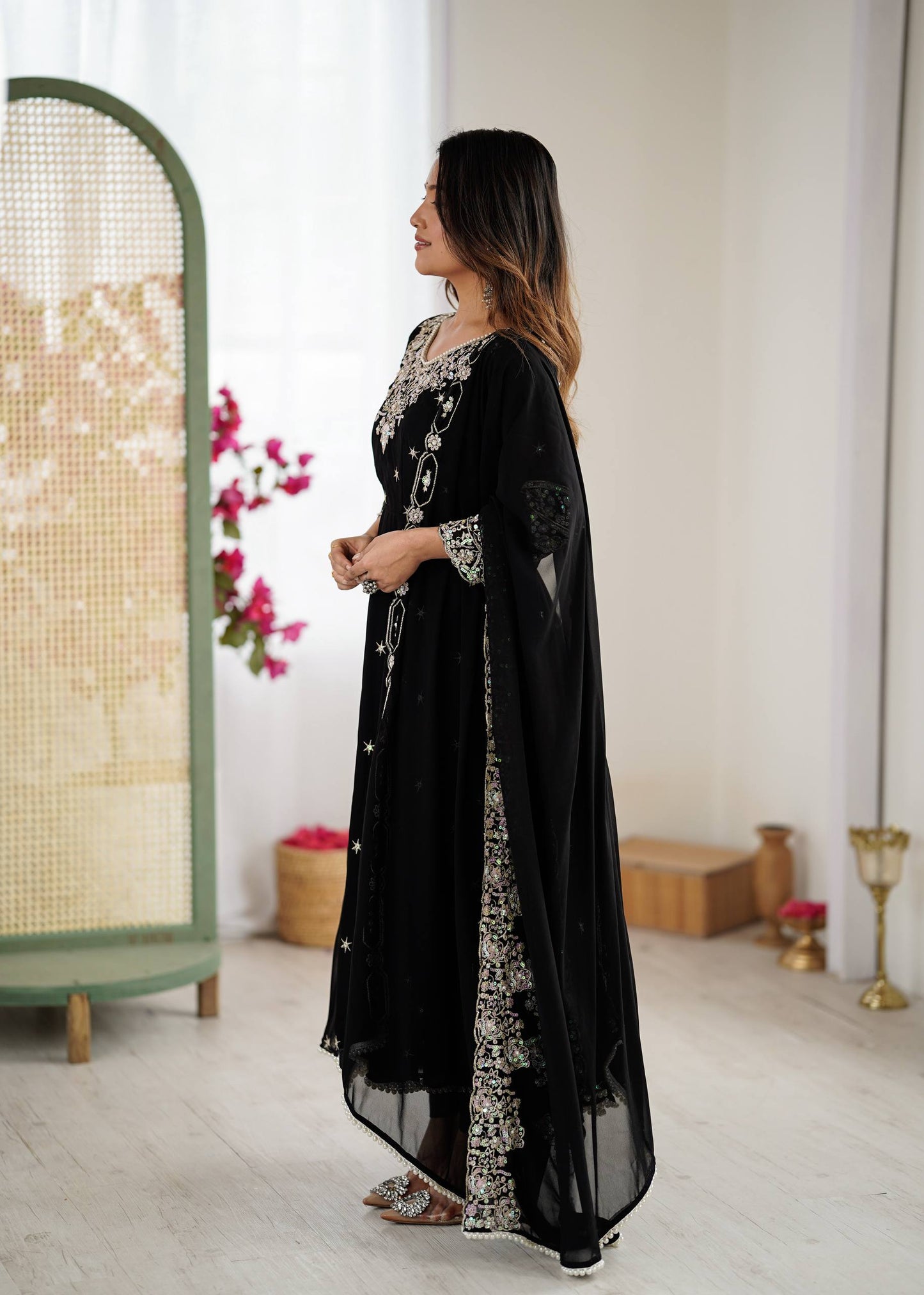 Glimmering Black Color Heavy Blooming Faux Anarkali Gown With Dupatta