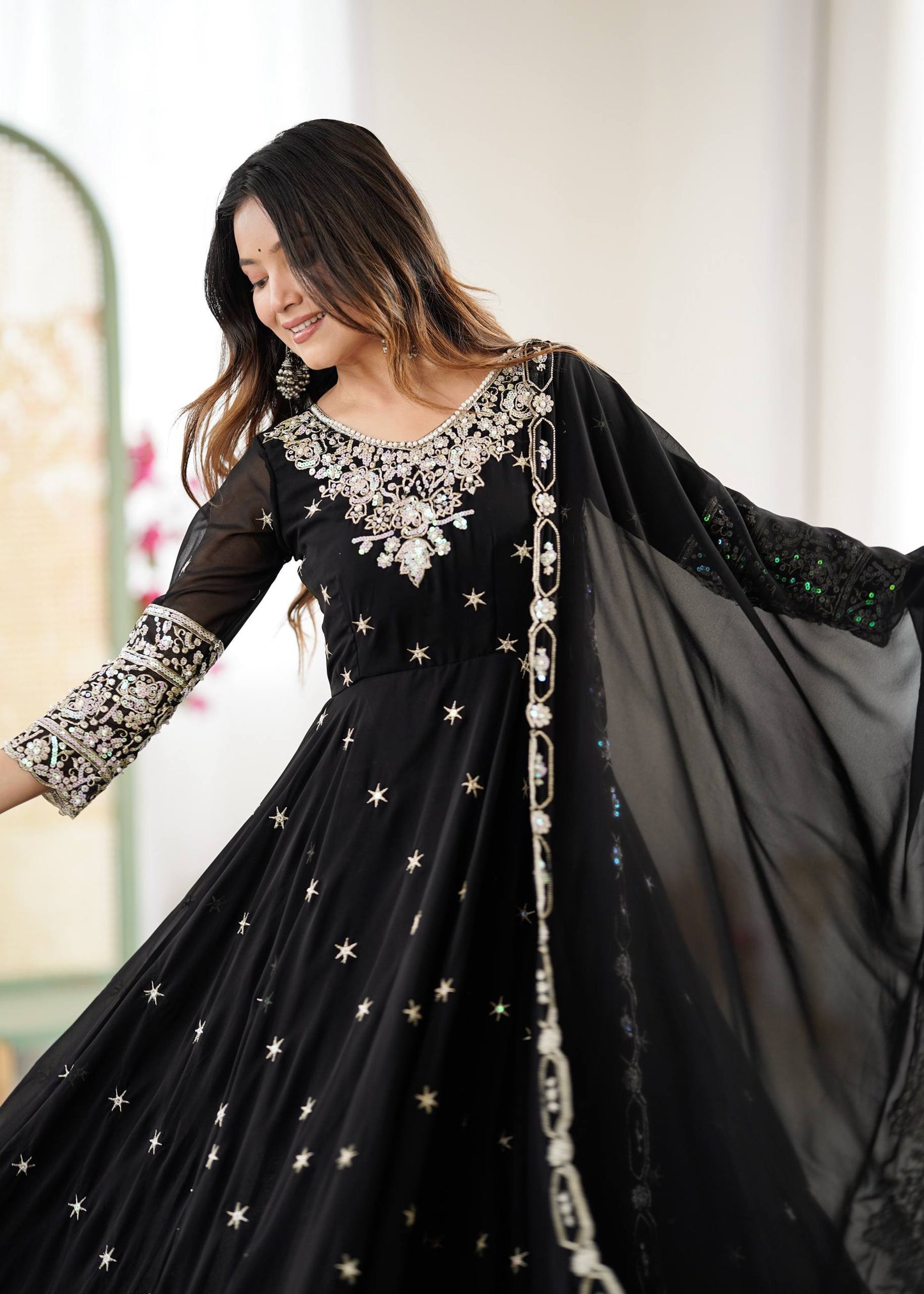 Glimmering Black Color Heavy Blooming Faux Anarkali Gown With Dupatta