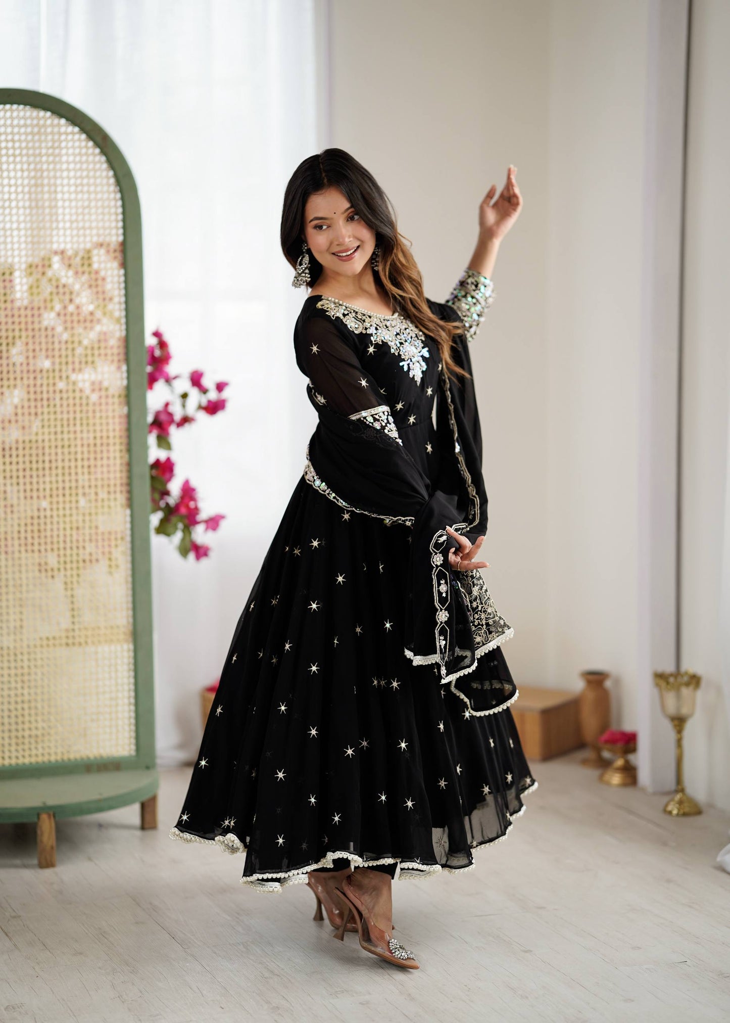 Glimmering Black Color Heavy Blooming Faux Anarkali Gown With Dupatta