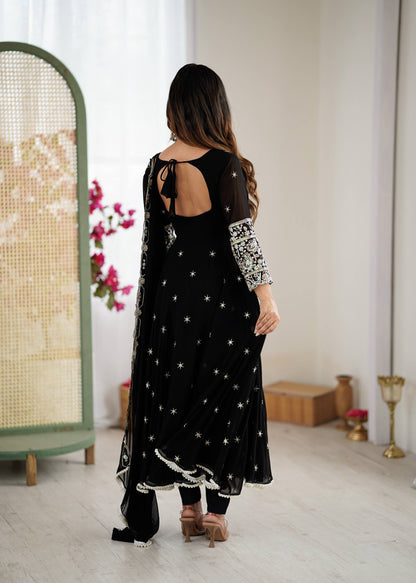 Glimmering Black Color Heavy Blooming Faux Anarkali Gown With Dupatta