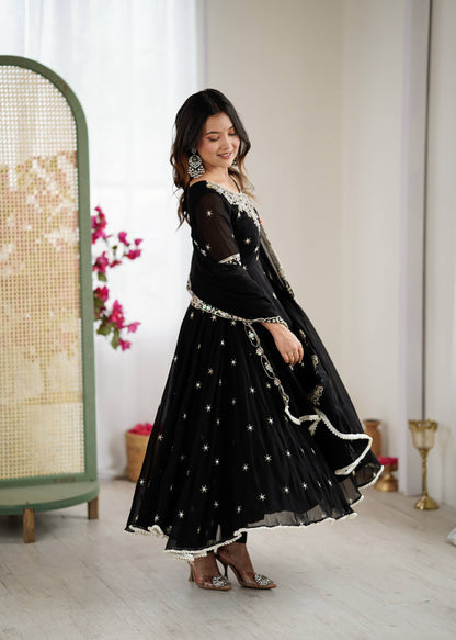 Glimmering Black Color Heavy Blooming Faux Anarkali Gown With Dupatta