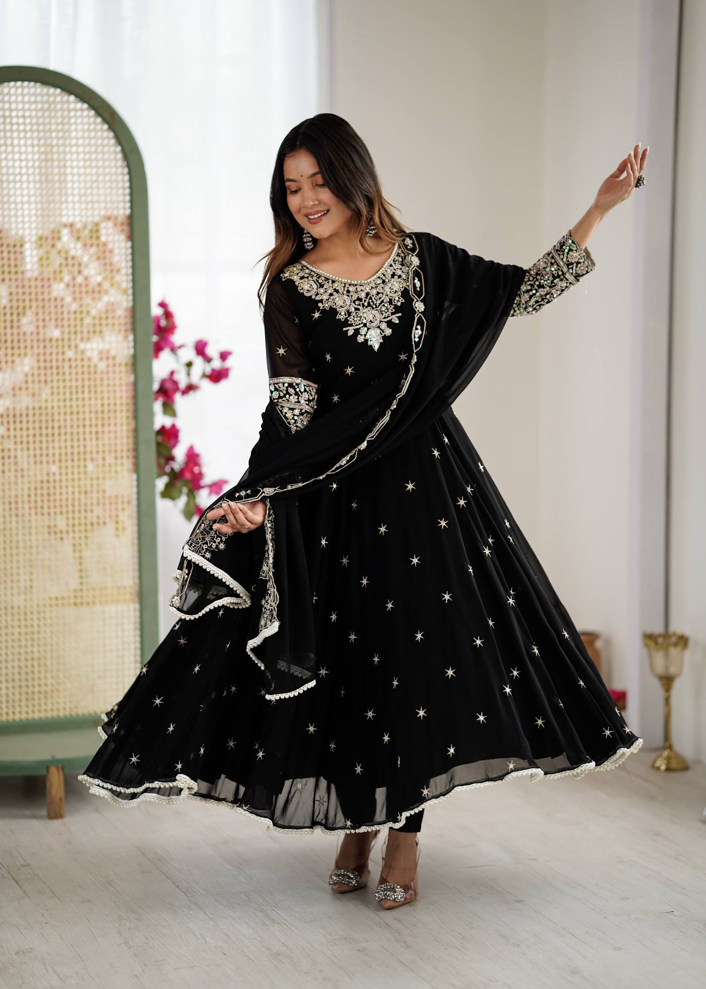 Glimmering Black Color Heavy Blooming Faux Anarkali Gown With Dupatta