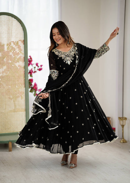Glimmering Black Color Heavy Blooming Faux Anarkali Gown With Dupatta