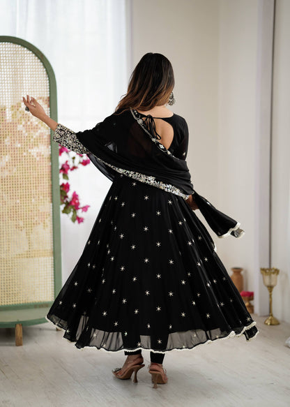 Glimmering Black Color Heavy Blooming Faux Anarkali Gown With Dupatta
