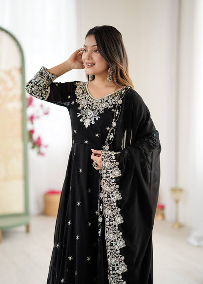 Glimmering Black Color Heavy Blooming Faux Anarkali Gown With Dupatta