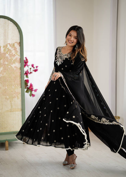 Glimmering Black Color Heavy Blooming Faux Anarkali Gown With Dupatta