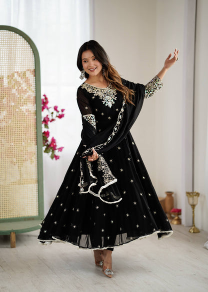 Glimmering Black Color Heavy Blooming Faux Anarkali Gown With Dupatta