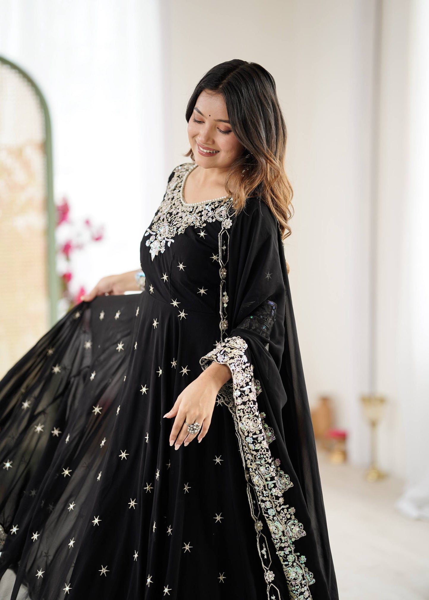 Glimmering Black Color Heavy Blooming Faux Anarkali Gown With Dupatta